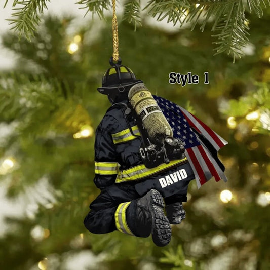 Personalized Firefighter and Fire Extinguisher Christmas Ornament for Fireman, Custom Name US Flag Firefighter Ornament ON0362