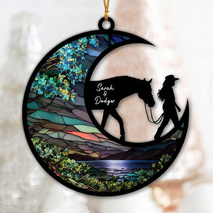 Custom Name Girl and Horse Hanging Suncatcher Ornament, Personalized Horse Lover Suncatcher Xmas Ornament ON0145