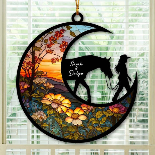 Custom Name Girl and Horse Hanging Suncatcher Ornament, Personalized Horse Lover Suncatcher Xmas Ornament ON0145