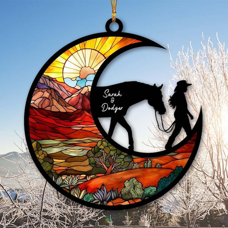 Custom Name Girl and Horse Hanging Suncatcher Ornament, Personalized Horse Lover Suncatcher Xmas Ornament ON0145