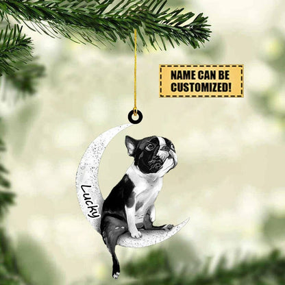 Personalized Boston Terrier Sit On The Moon Ornament, Custom Name Boston Terrier Memorial Ornament For Dog Lovers ON0387