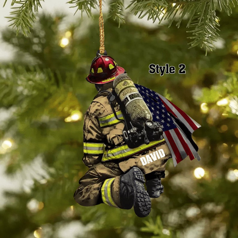 Personalized Firefighter and Fire Extinguisher Christmas Ornament for Fireman, Custom Name US Flag Firefighter Ornament ON0362