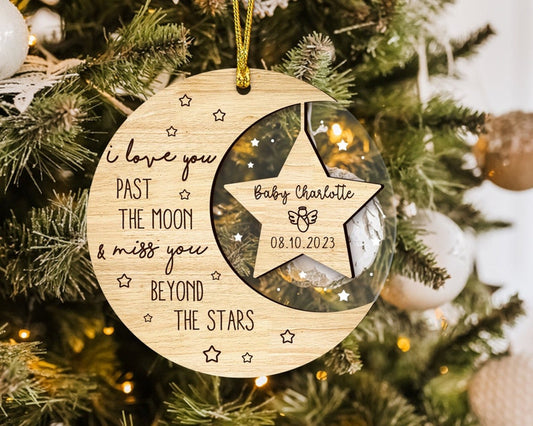 Personalized I Love You Past The Moon & Miss You Beyond The Stars Baby Memorial Ornament, Custom Loss Of Baby Angel Baby Stillborn Ornament ON0417