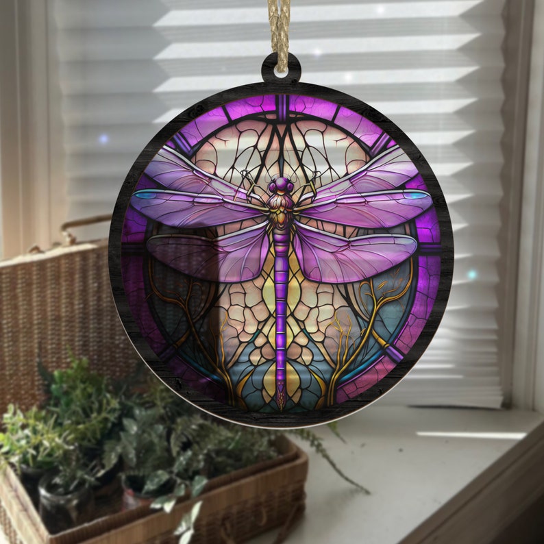 Dragonfly Suncatcher Stained Window Hanging, Purple Dragonfly Suncatchers ON0249