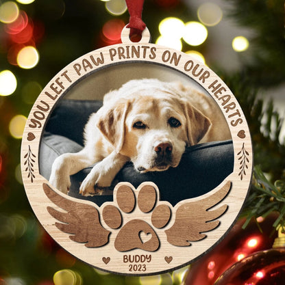 Personalized You Left Paw Prints On Our Hearts Memorial Ornament, Custom Pet Photo Memorial Ornament ON0075