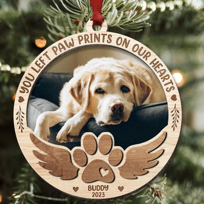 Personalized You Left Paw Prints On Our Hearts Memorial Ornament, Custom Pet Photo Memorial Ornament ON0075