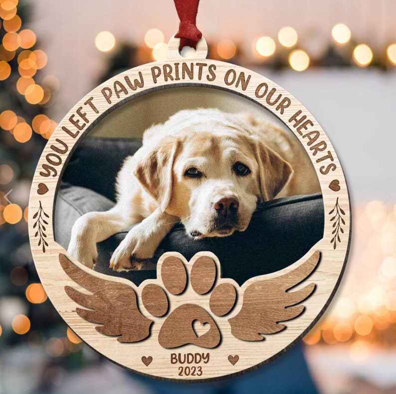 Personalized You Left Paw Prints On Our Hearts Memorial Ornament, Custom Pet Photo Memorial Ornament ON0075