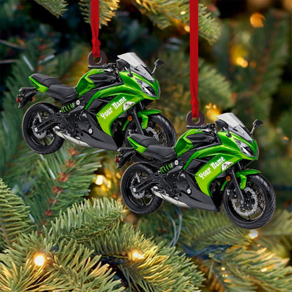 Personalized Green Motorcycle Christmas Tree Ornament, Custom Name Motorbike Driver Motorcycle Lover Ornament 2024 ON0781