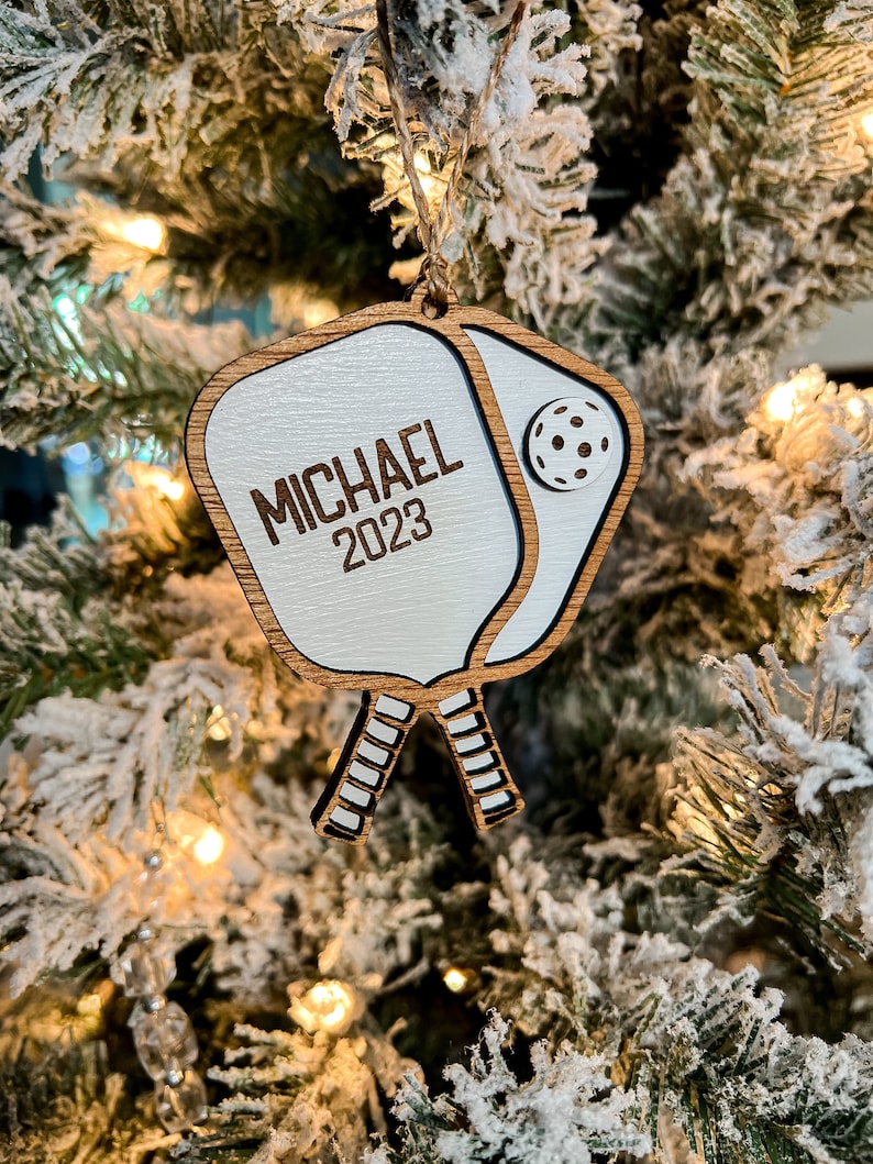 Personalized 3D Pickleball Ornaments 2024 for Christmas Tree, Custom 2 Layers Wooden Pickleball Paddle Ornament with Name & Year ON0197