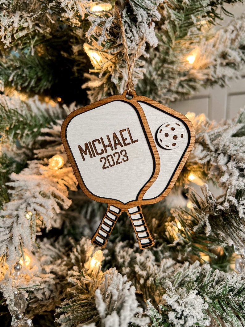 Personalized 3D Pickleball Ornaments 2024 for Christmas Tree, Custom 2 Layers Wooden Pickleball Paddle Ornament with Name & Year ON0197