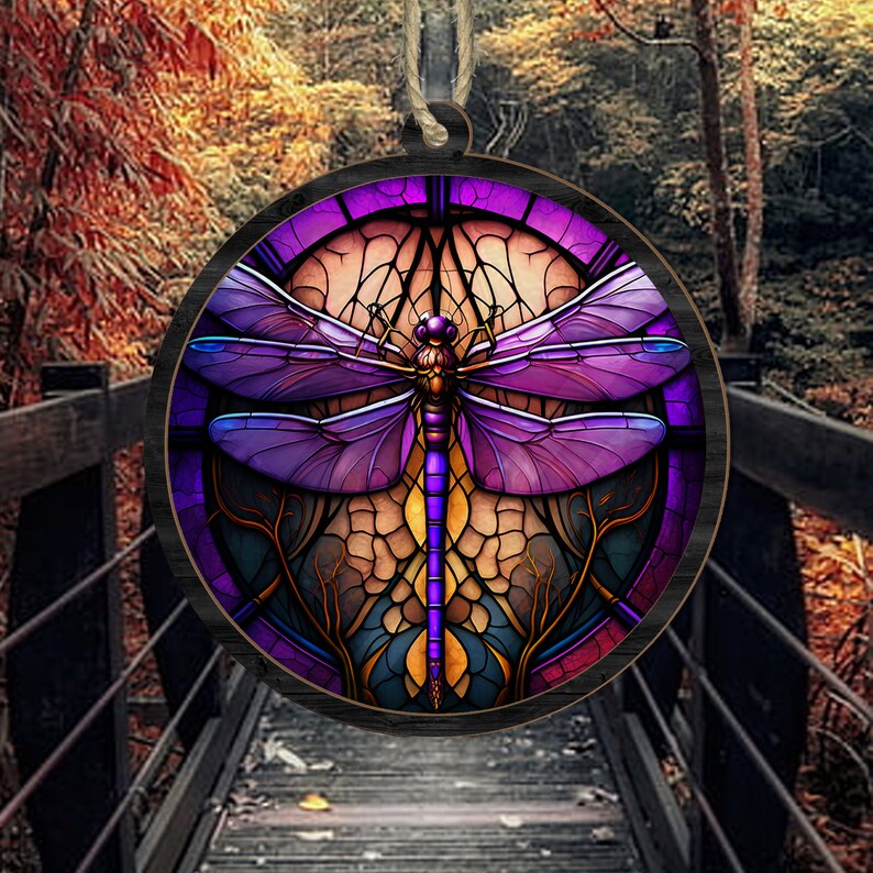 Dragonfly Suncatcher Stained Window Hanging, Purple Dragonfly Suncatchers ON0249