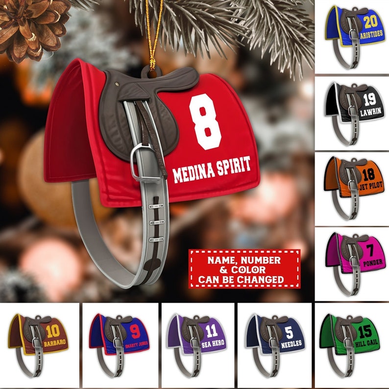 Personalized Horse Racing Saddle Ornament, Custom Name Number Cowboy Cowgirl Horseback Riding Ornament ON0815