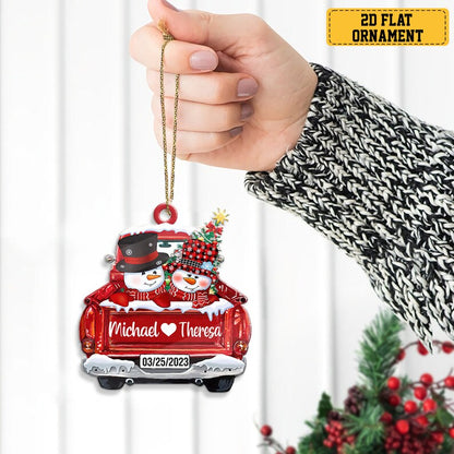 Personalized Snowman Couple Ornament, Custom Name Couple 1st Christmas Ornament, Custom Snowman Red Truck Ornament ON0368