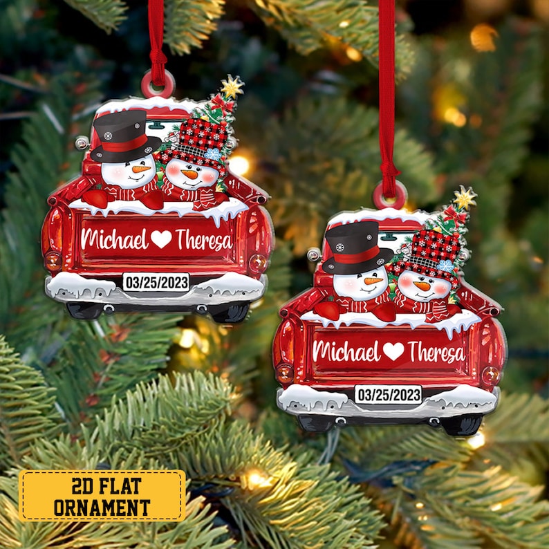 Personalized Snowman Couple Ornament, Custom Name Couple 1st Christmas Ornament, Custom Snowman Red Truck Ornament ON0368