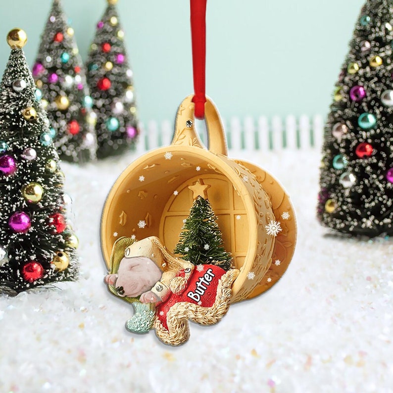 Custom Bull Terrier Dog Sleeping in Yellow Tiny Cup Christmas Ornament, Personalized Dog Christmas Ornament 2024 ON0146