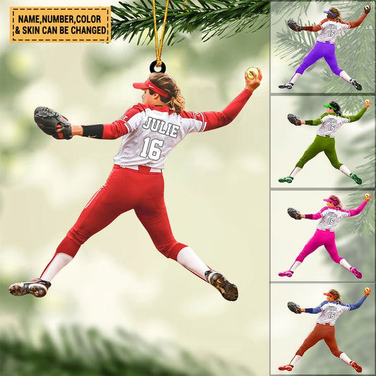 Personalized Softball Girl Ornament, Custom Name Number Player Throw Ball Christmas Ornament ON0328