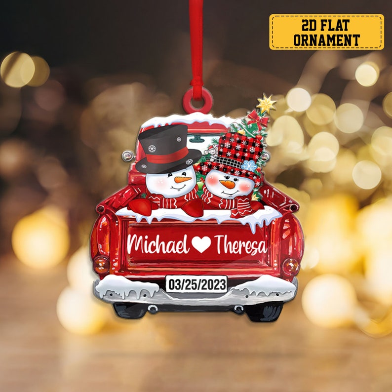 Personalized Snowman Couple Ornament, Custom Name Couple 1st Christmas Ornament, Custom Snowman Red Truck Ornament ON0368