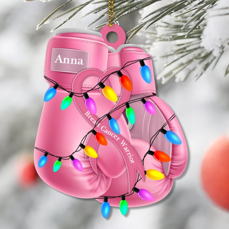 Personalized Pink Boxing Gloves Ribbon Breast Cancer Awareness Ornament, Custom Name Breast Cancer Warrior Ornament ON0252