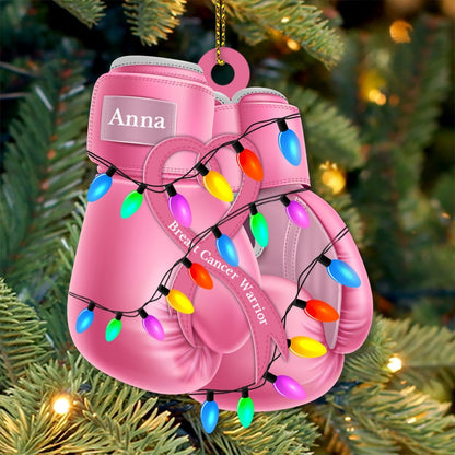 Personalized Pink Boxing Gloves Ribbon Breast Cancer Awareness Ornament, Custom Name Breast Cancer Warrior Ornament ON0252