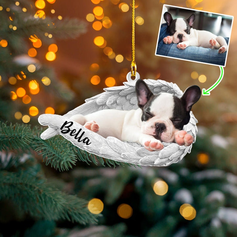 Custom Photo Sleeping Pet Within Angel Wings Memorial Ornament, Personalized Photo Dog Cat Pet Loss Memorial Ornament ON0363