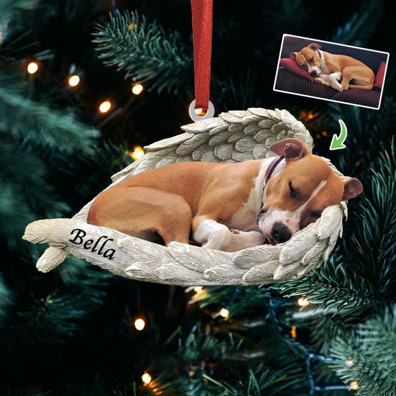 Custom Photo Sleeping Pet Within Angel Wings Memorial Ornament, Personalized Photo Dog Cat Pet Loss Memorial Ornament ON0363