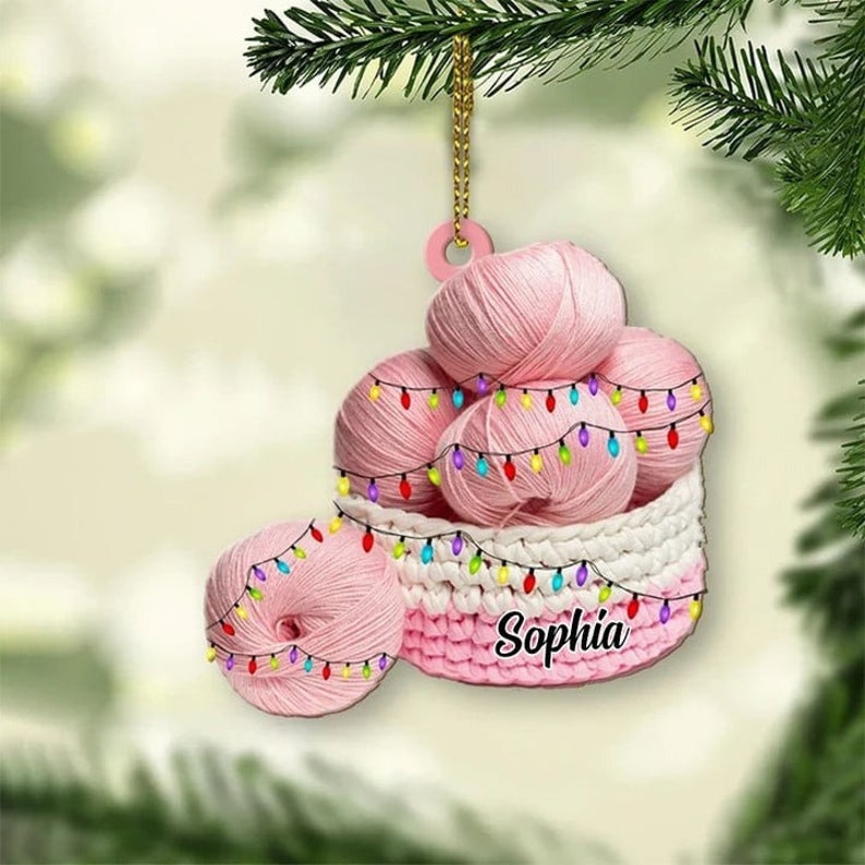 Personalized Knitting Christmas Ornament, Custom Wool Bakset Knitting Accessories with String Lights Christmas Tree Ornament With Name ON0220