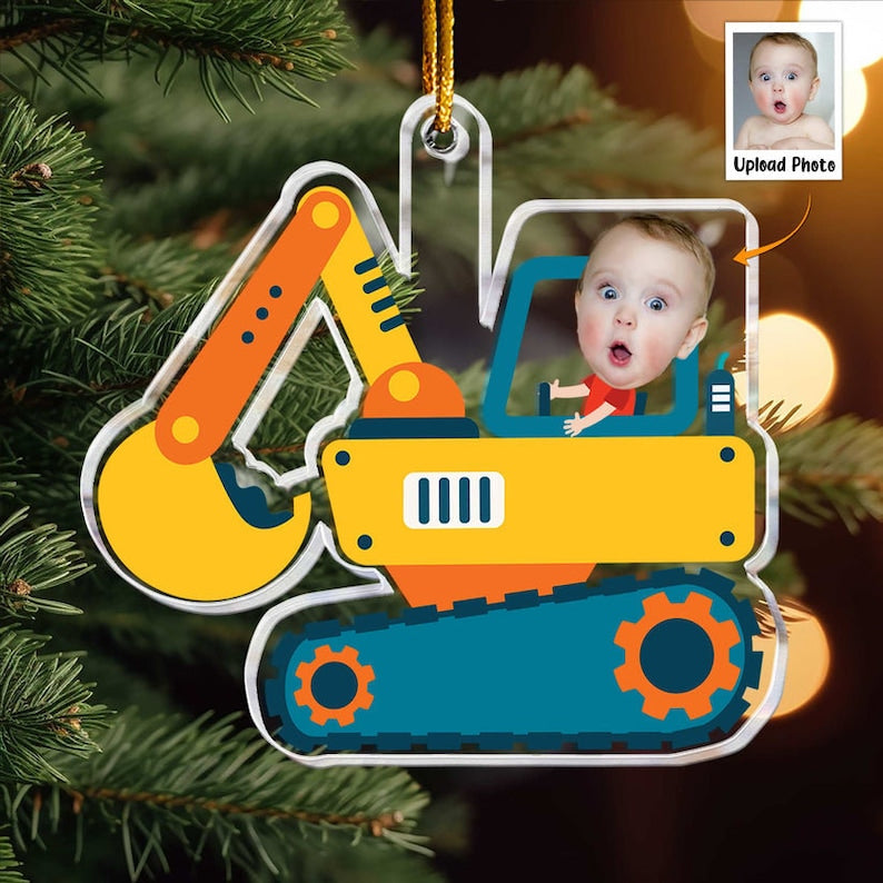 Custom Photo Boy Riding Construction Vehicle Christmas Ornament, Personalized Baby Xmas Photo Ornament ON0763