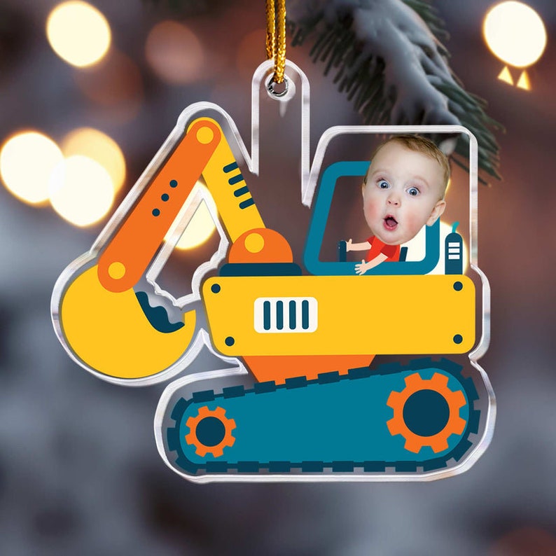 Custom Photo Boy Riding Construction Vehicle Christmas Ornament, Personalized Baby Xmas Photo Ornament ON0763