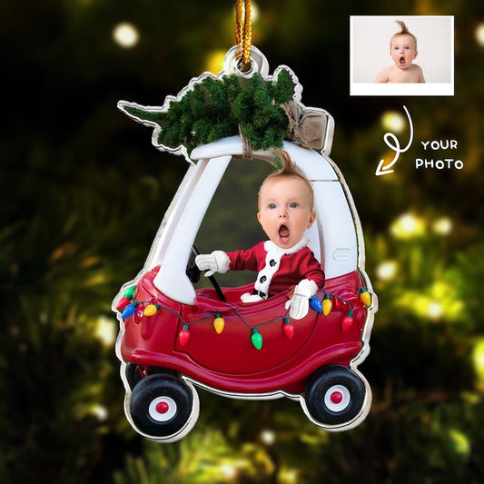 Custom Photo Adorable Newborn Baby Christmas Ornament, Personalized Baby Newborn In Car Flat Ornament ON0336