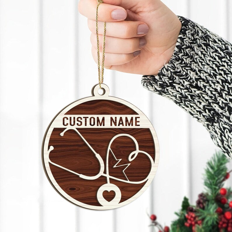 Personalized Nurse 2 Layered Wood Ornament, Custom Nurse Christmas Tree Ornament With Name ON0269