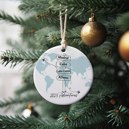 Personalized Travel Adventure Ornament, Custom Locations Traveling Christmas Ornament ON0239