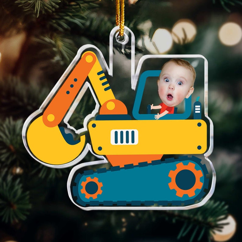 Custom Photo Boy Riding Construction Vehicle Christmas Ornament, Personalized Baby Xmas Photo Ornament ON0763