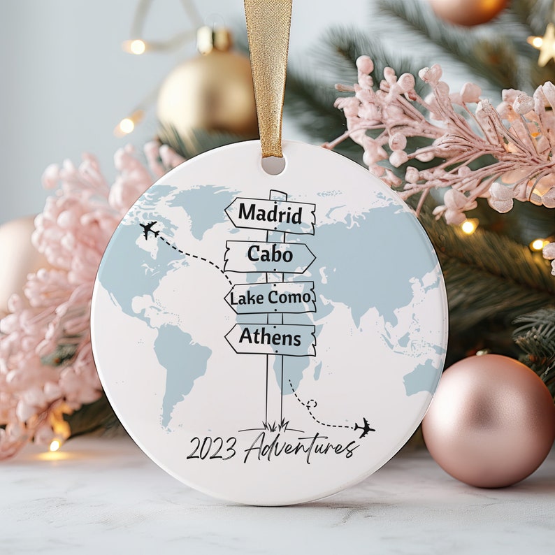 Personalized Travel Adventure Ornament, Custom Locations Traveling Christmas Ornament ON0239