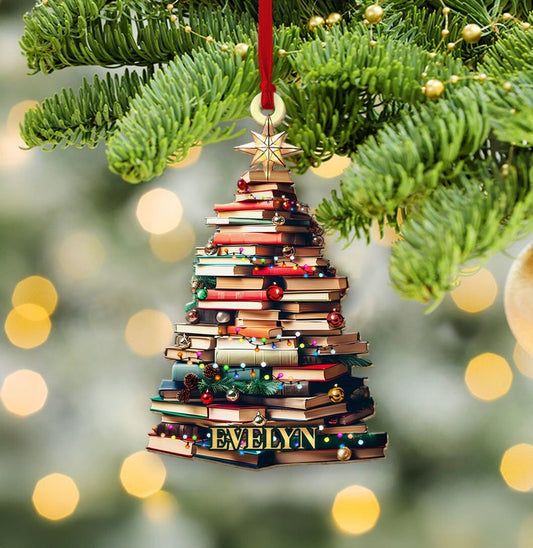 Personalized Christmas Book Tree Name Ornament, Custom Bookish Book Club Ornament With Name ON0051