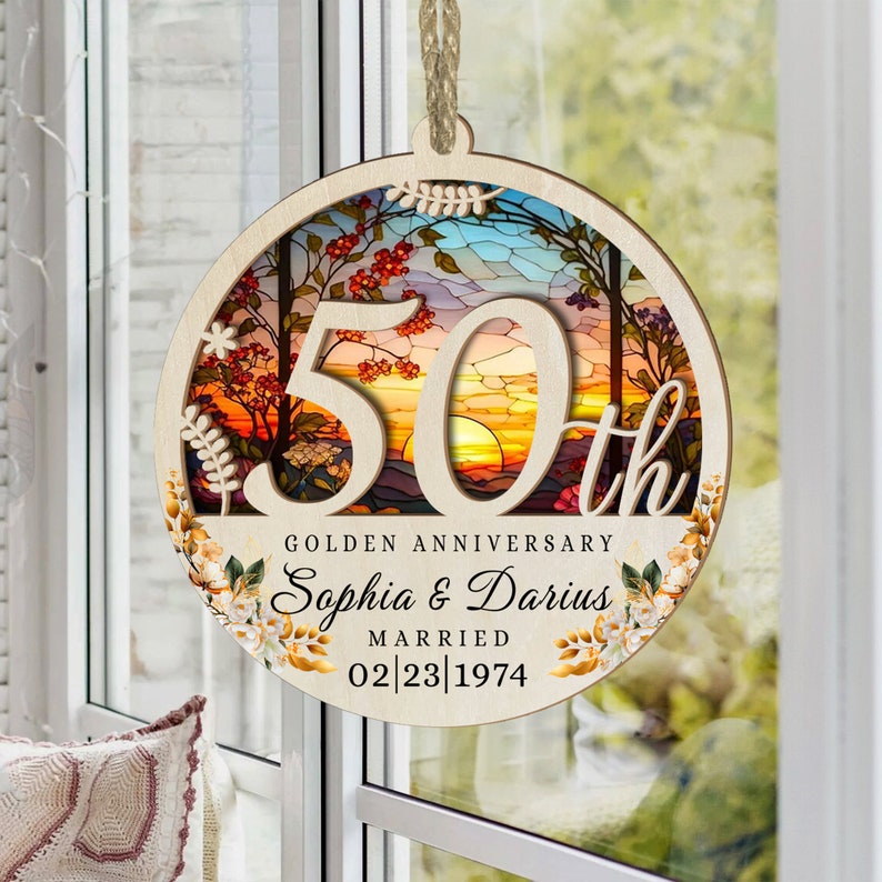 Personalized 50th Golden Anniversary Suncatcher Ornament 2024, Custom Happy 50 Gold Wedding Anniversary Ornament With Name Date ON0113