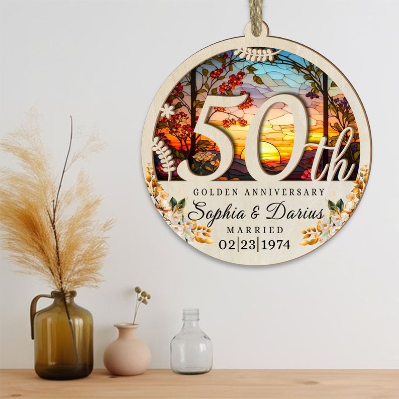 Personalized 50th Golden Anniversary Suncatcher Ornament 2024, Custom Happy 50 Gold Wedding Anniversary Ornament With Name Date ON0113