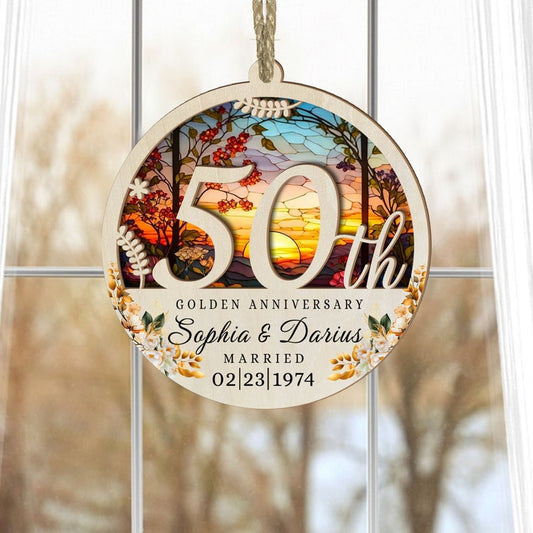 Personalized 50th Golden Anniversary Suncatcher Ornament 2024, Custom Happy 50 Gold Wedding Anniversary Ornament With Name Date ON0113