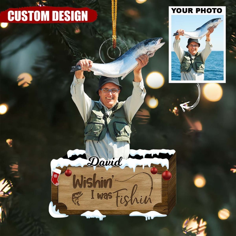 Custom Photo Wishin' I Was Fishing Box Christmas Ornament, Personalized Fishing Ornament ON0756