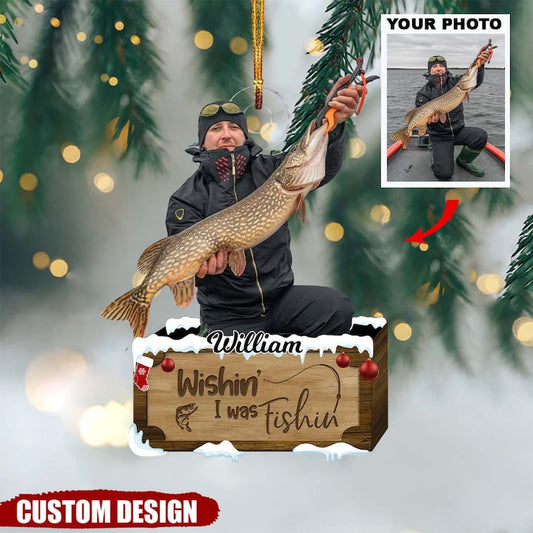 Custom Photo Wishin' I Was Fishing Box Christmas Ornament, Personalized Fishing Ornament ON0756