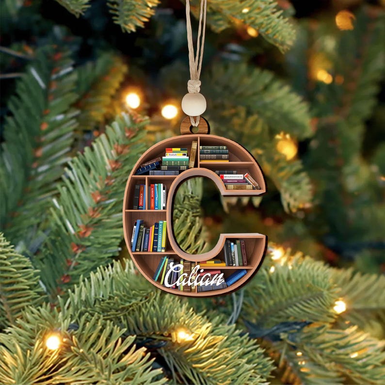 Personalized Initials Book Tree Name Christmas Ornament, Custom Bookish Book Club Ornament ON0353