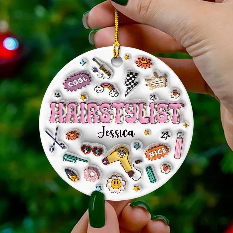 Personalized Hairstylist 3D Circle Ceramic Ornament, Custom Hairstylist Ornament Christmas 2024 ON0303