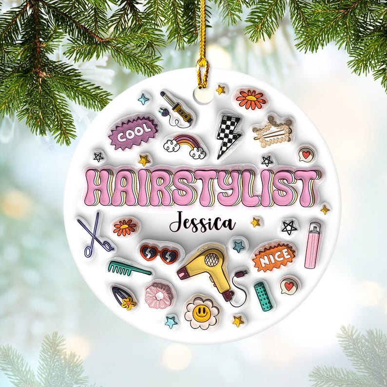 Personalized Hairstylist 3D Circle Ceramic Ornament, Custom Hairstylist Ornament Christmas 2024 ON0303