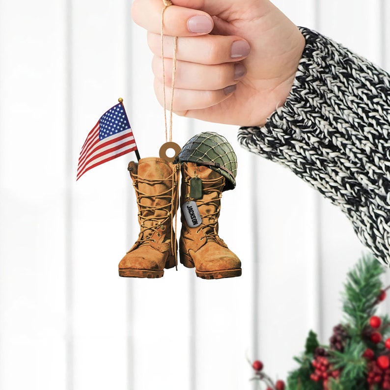 Personalize Military Uniform Boots & Helmet Christmas Ornament, Custom Name Veteran Military Ornament ON0421