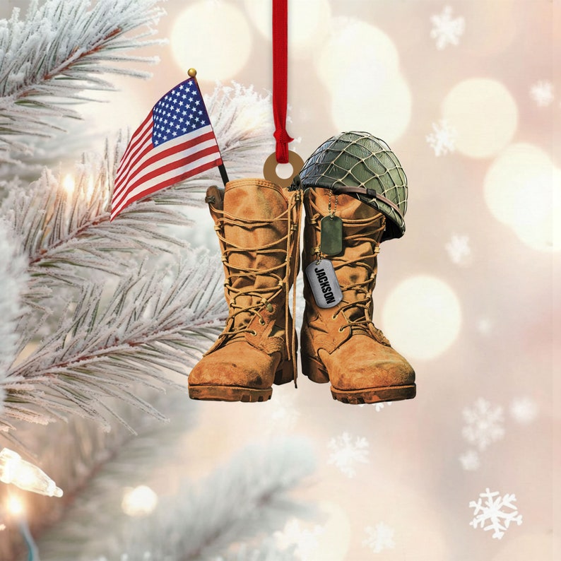 Personalize Military Uniform Boots & Helmet Christmas Ornament, Custom Name Veteran Military Ornament ON0421