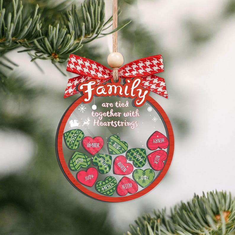 Personalized Family Are Tied Together With Heartstrings Ornament, Custom Family Heart Puzzle Shaker Ornament 2024 ON0411