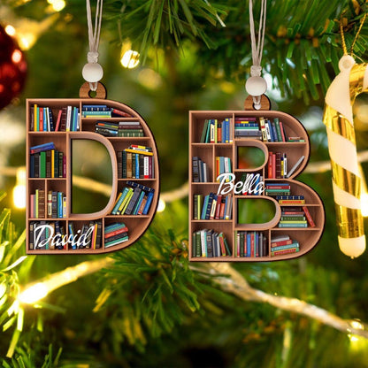 Personalized Initials Book Tree Name Christmas Ornament, Custom Bookish Book Club Ornament ON0353