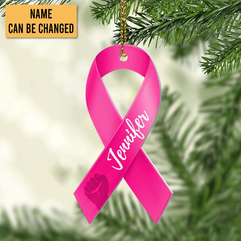 Custom Name Pink Boxing Gloves Ribbon Ornament, Personalized Breast Cancer Awareness Ornament ON0551