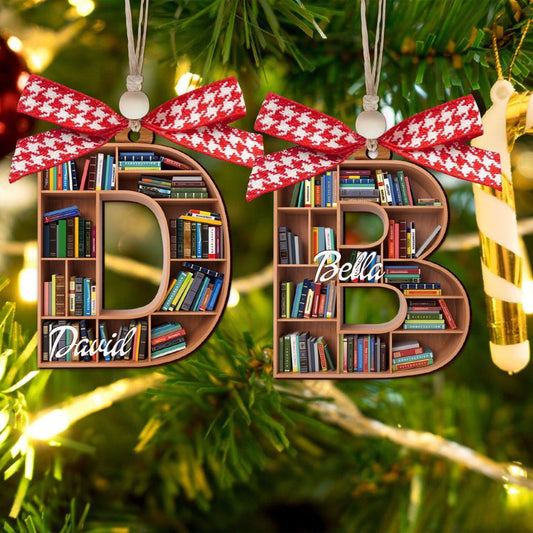 Personalized Initials Book Tree Name Christmas Ornament, Custom Bookish Book Club Ornament ON0353