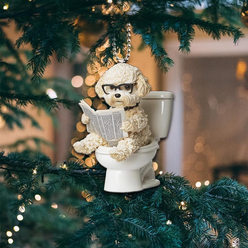 Maltipoo on Toilet Reading Book Car Hanging Ornament, Funny Maltipoo Dog Christmas Ornament ON0814