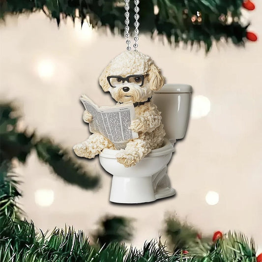 Maltipoo on Toilet Reading Book Car Hanging Ornament, Funny Maltipoo Dog Christmas Ornament ON0814